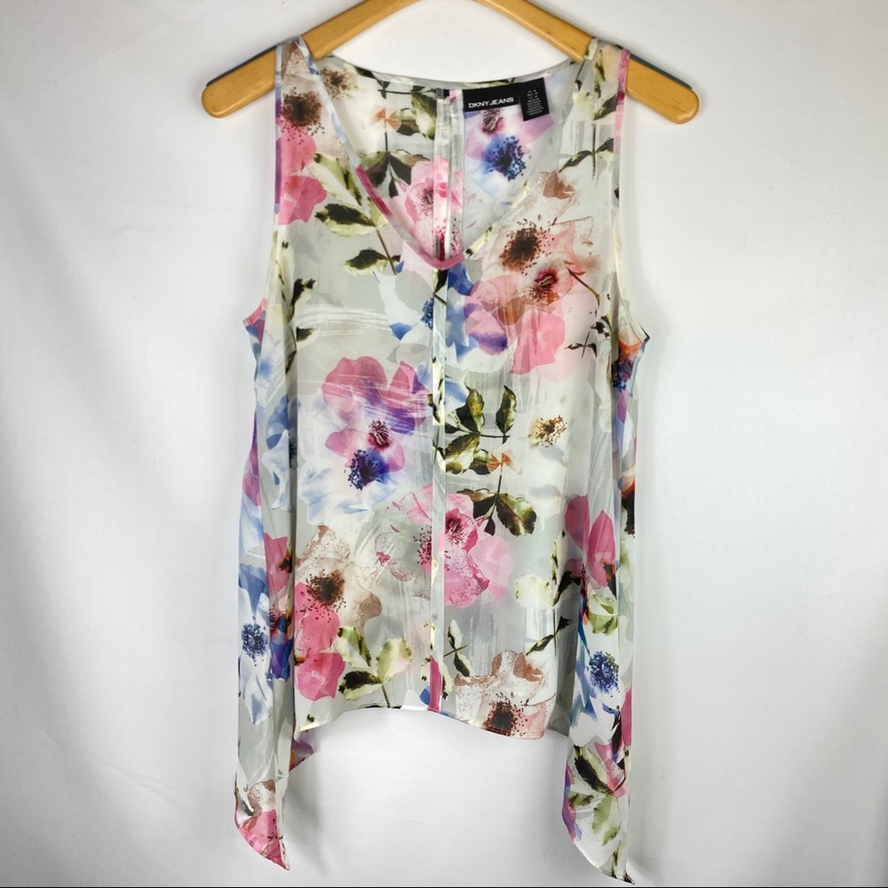 DKNY White & Pink Floral Sleeveless Top M